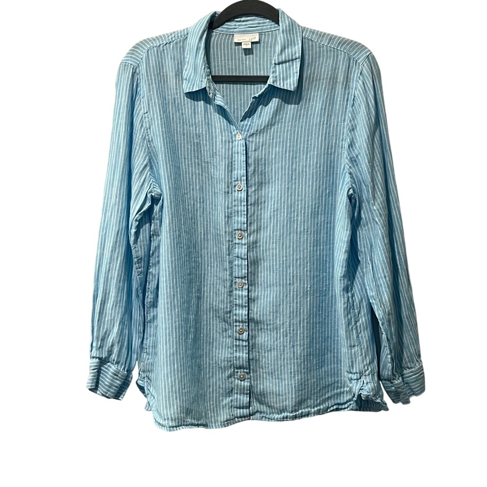 J. Jill Love Linen Button Down Shirt Womens Medium Blue Striped Long Sleeve